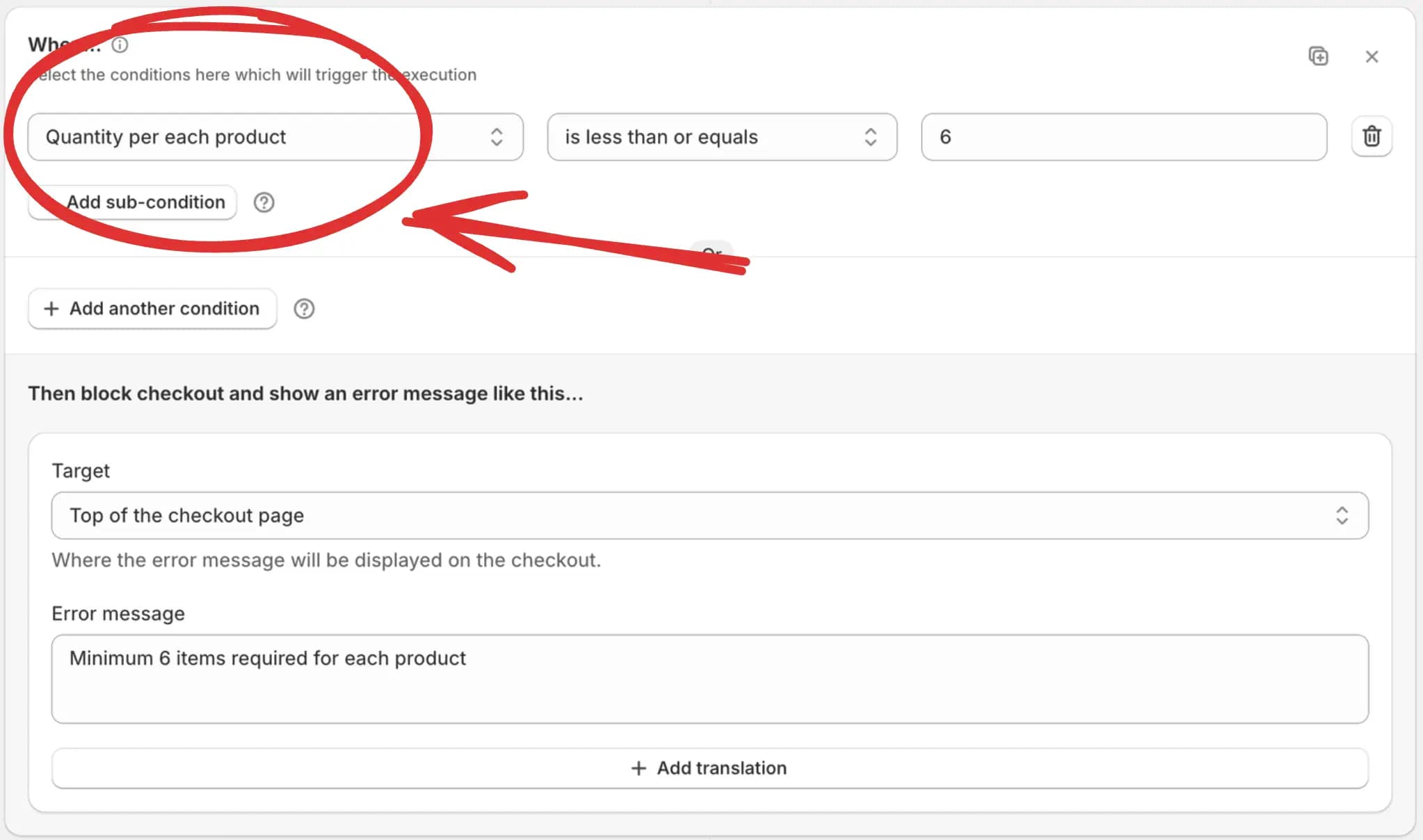 Quantity per each product condition available in validation rules