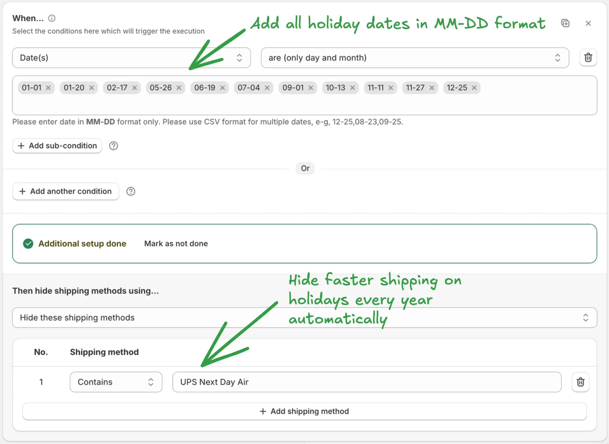 La condition de dates fériées récurrentes est disponible dans les règles de checkout
